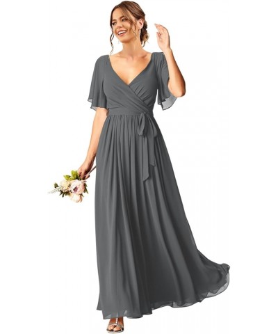 2024 Short Sleeve Bridesmaid Dresses with Pockets V Neck Chiffon Formal Party Dress NO013 Gray $26.40 Dresses