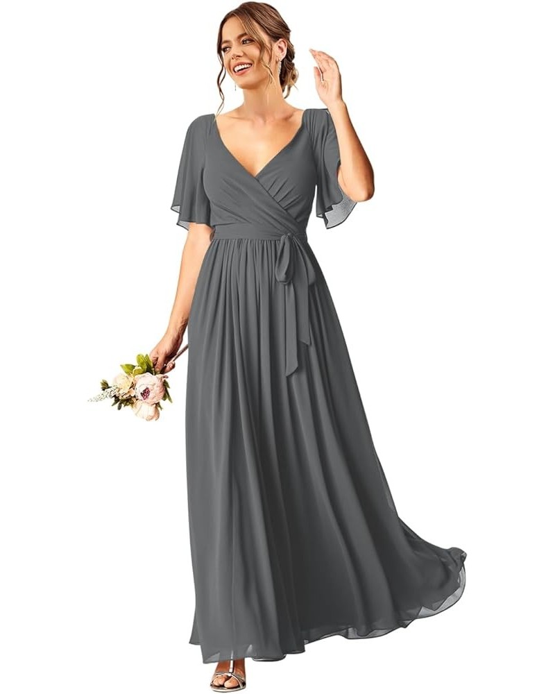 2024 Short Sleeve Bridesmaid Dresses with Pockets V Neck Chiffon Formal Party Dress NO013 Gray $26.40 Dresses