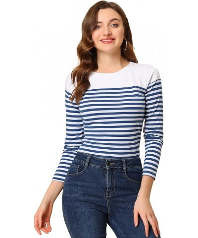 Women's Striped T-Shirt Color Block Long Sleeve Round Neck Striped Blouse Blue White $17.75 T-Shirts