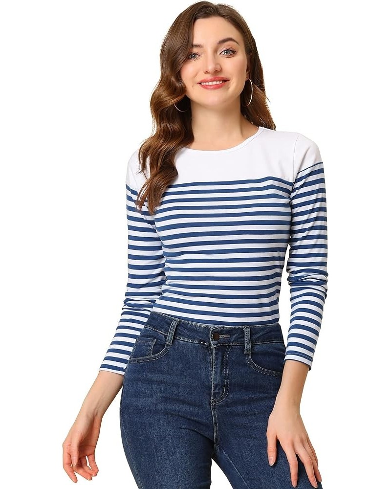 Women's Striped T-Shirt Color Block Long Sleeve Round Neck Striped Blouse Blue White $17.75 T-Shirts