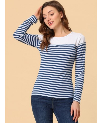 Women's Striped T-Shirt Color Block Long Sleeve Round Neck Striped Blouse Blue White $17.75 T-Shirts