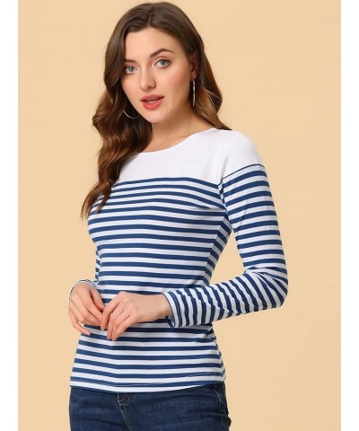 Women's Striped T-Shirt Color Block Long Sleeve Round Neck Striped Blouse Blue White $17.75 T-Shirts