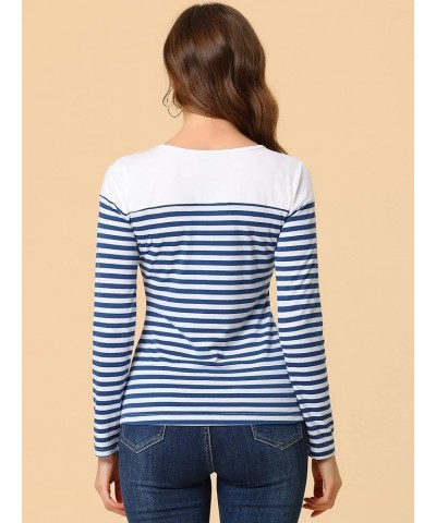 Women's Striped T-Shirt Color Block Long Sleeve Round Neck Striped Blouse Blue White $17.75 T-Shirts