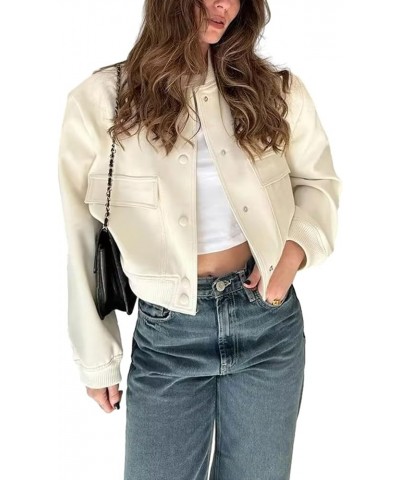 Women Bomber Jacket Casual Long Sleeve Button Down Varsity Jackets with Pockets Milky White $8.69 Jackets