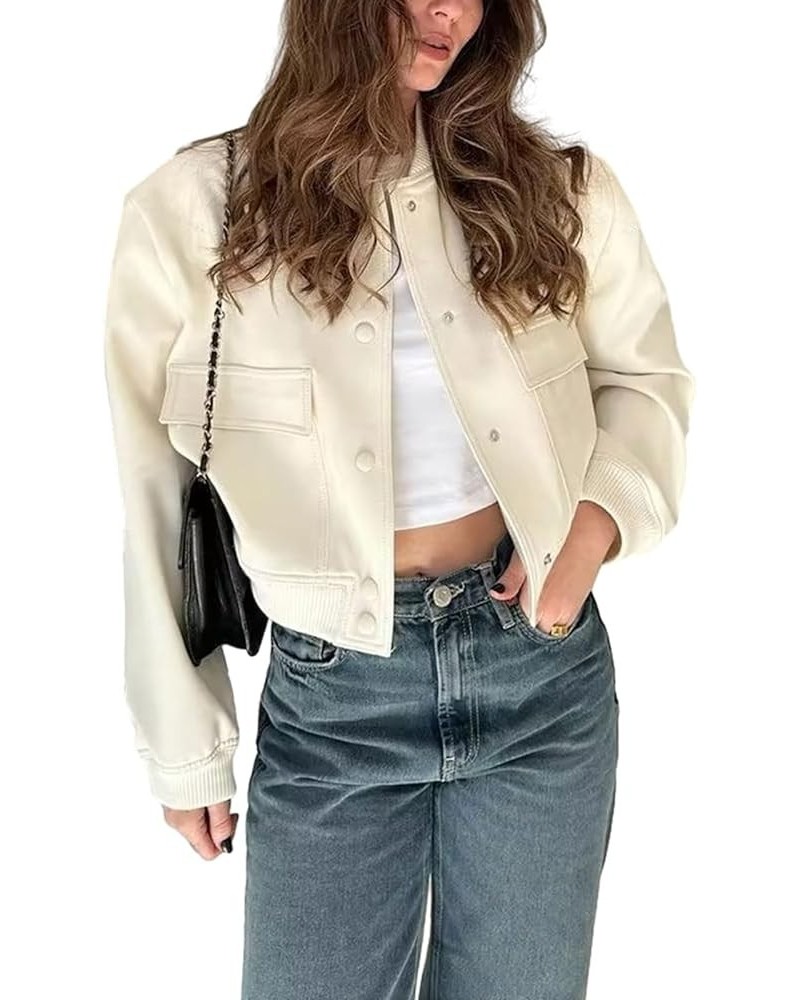 Women Bomber Jacket Casual Long Sleeve Button Down Varsity Jackets with Pockets Milky White $8.69 Jackets