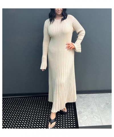 Women Fall Long Sleeve Knit Dress Elegant Bodycon Dress Crew Neck Ribbed Solid Long Dress Streetwear B-apricot $15.07 Dresses