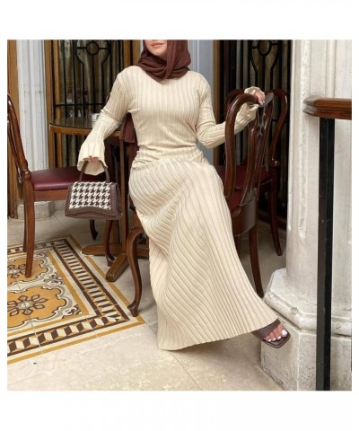 Women Fall Long Sleeve Knit Dress Elegant Bodycon Dress Crew Neck Ribbed Solid Long Dress Streetwear B-apricot $15.07 Dresses