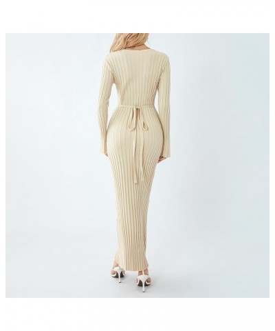 Women Fall Long Sleeve Knit Dress Elegant Bodycon Dress Crew Neck Ribbed Solid Long Dress Streetwear B-apricot $15.07 Dresses