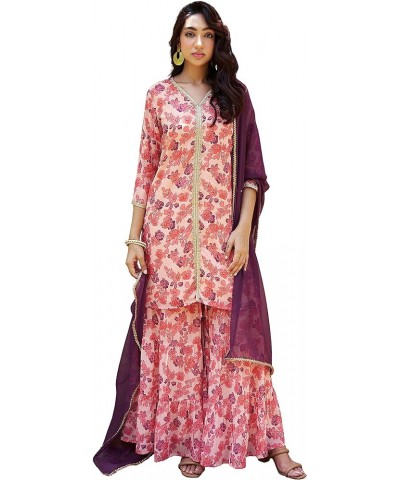 Women's Day Pink Georgette Digital Floral Printed Kurta with Palazzo and Dupatta Peach $30.08 Tops