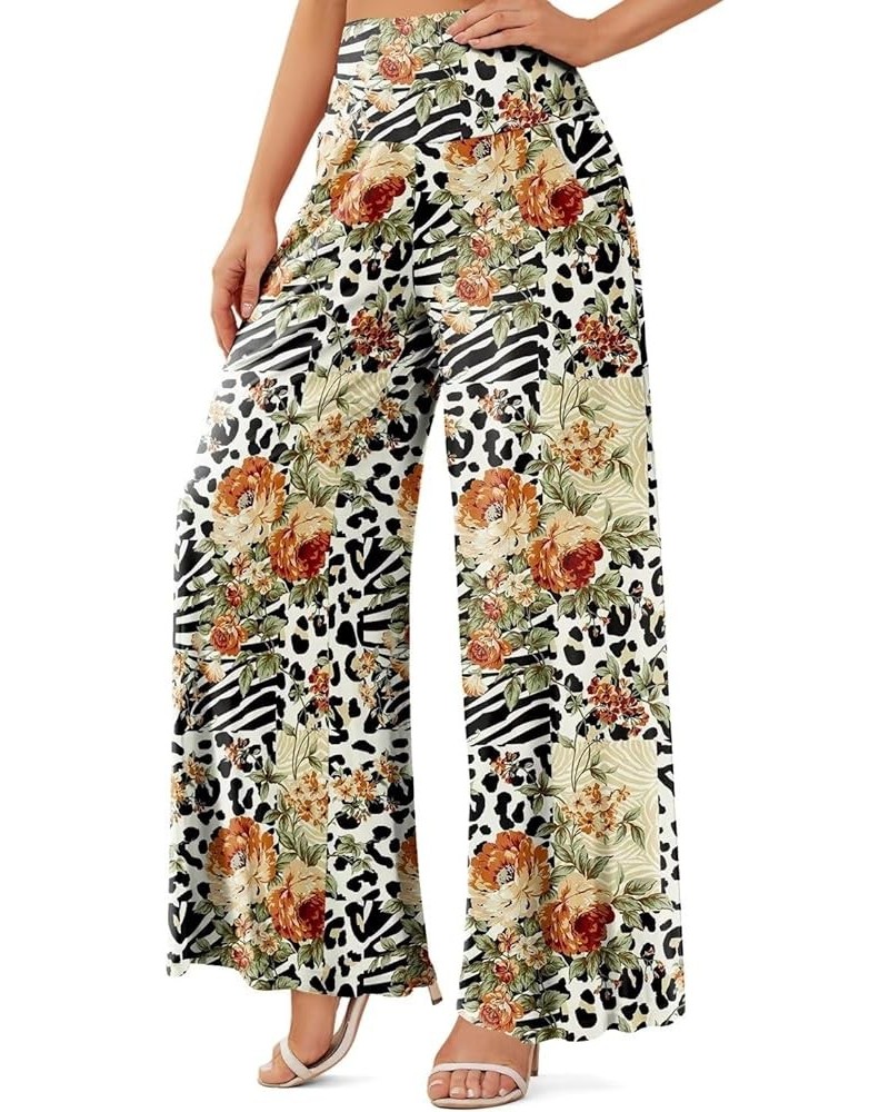 Women's Palazzo Lounge Pants Stretchy Wide Leg Casual Pants Comfy High Waist Flowy Pants S-3XL C22 Leopard Print Flowers $12....