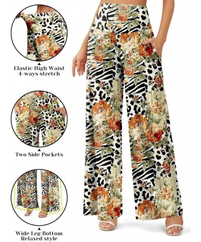 Women's Palazzo Lounge Pants Stretchy Wide Leg Casual Pants Comfy High Waist Flowy Pants S-3XL C22 Leopard Print Flowers $12....