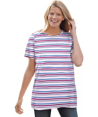 Women's Plus Size Perfect Printed Short-Sleeve Crewneck Tee Shirt White Multi Mini Stripe $12.59 T-Shirts