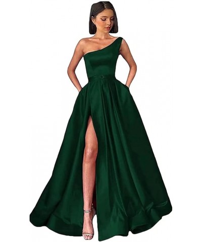 One Shoulder Satin Long Prom Dresses with Slit A-line Bodice Formal Evening Party Gowns with Pockets for Women Hunter Green $...