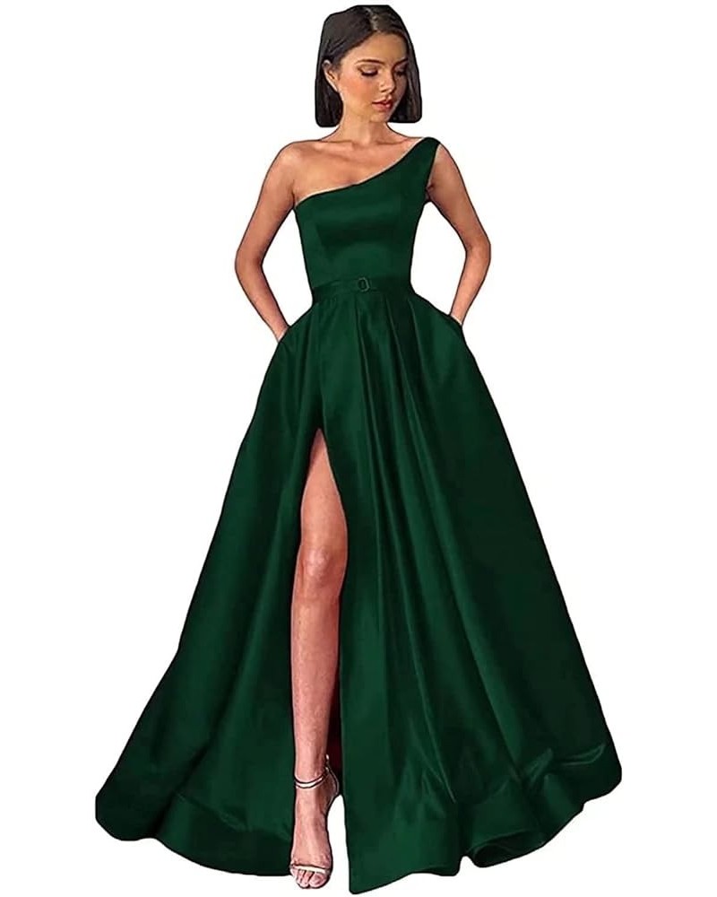 One Shoulder Satin Long Prom Dresses with Slit A-line Bodice Formal Evening Party Gowns with Pockets for Women Hunter Green $...