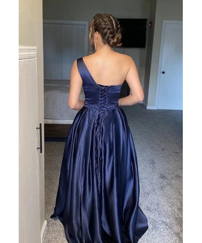 One Shoulder Satin Long Prom Dresses with Slit A-line Bodice Formal Evening Party Gowns with Pockets for Women Hunter Green $...