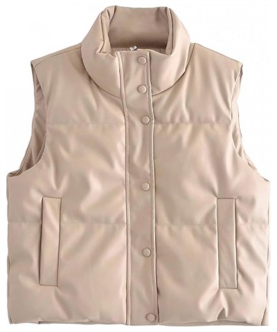 Women Winter Crop Vest Lightweight Sleeveless Warm Outerwear Puffer Vest Padded Gilet Beige 2 $13.19 Vests