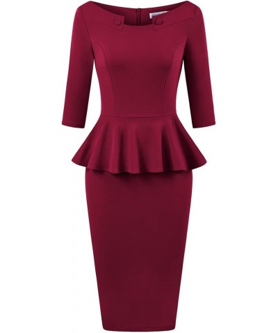 Women's 50s Vintage Bodycon 3/4 Sleeve Midi Peplum Business Formal Work Pencil Dresses Burgundy $17.99 Dresses