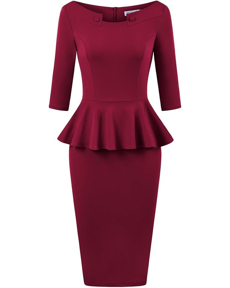 Women's 50s Vintage Bodycon 3/4 Sleeve Midi Peplum Business Formal Work Pencil Dresses Burgundy $17.99 Dresses