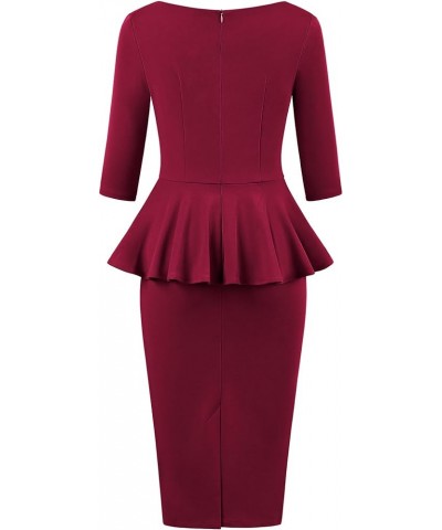 Women's 50s Vintage Bodycon 3/4 Sleeve Midi Peplum Business Formal Work Pencil Dresses Burgundy $17.99 Dresses