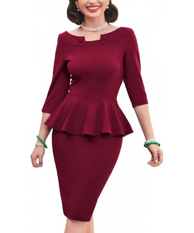 Women's 50s Vintage Bodycon 3/4 Sleeve Midi Peplum Business Formal Work Pencil Dresses Burgundy $17.99 Dresses