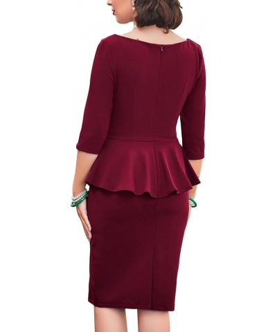 Women's 50s Vintage Bodycon 3/4 Sleeve Midi Peplum Business Formal Work Pencil Dresses Burgundy $17.99 Dresses