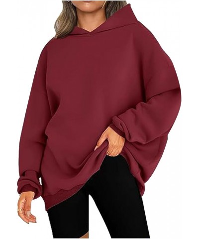 Womens Oversized Hoodies Pullover Long Sleeve Solid Color Shirt Basic Hooded Sweatshirts Fall Fleece Women's Tops 06 Wine -Ov...