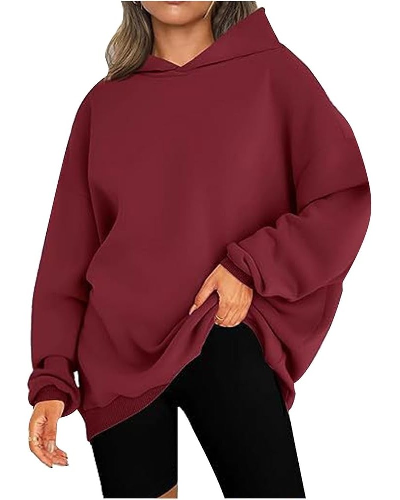 Womens Oversized Hoodies Pullover Long Sleeve Solid Color Shirt Basic Hooded Sweatshirts Fall Fleece Women's Tops 06 Wine -Ov...