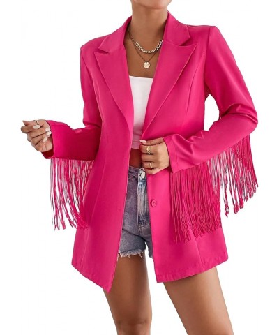 Women's Fringe Trim Button Front Long Sleeve Lapel Neck Party Blazer Hot Pink $27.92 Blazers