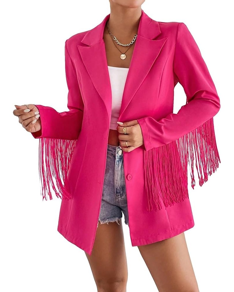 Women's Fringe Trim Button Front Long Sleeve Lapel Neck Party Blazer Hot Pink $27.92 Blazers