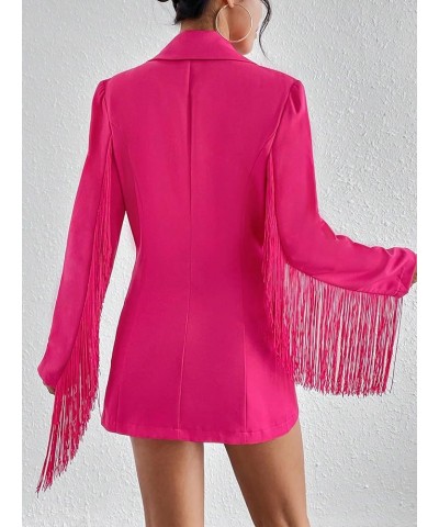 Women's Fringe Trim Button Front Long Sleeve Lapel Neck Party Blazer Hot Pink $27.92 Blazers