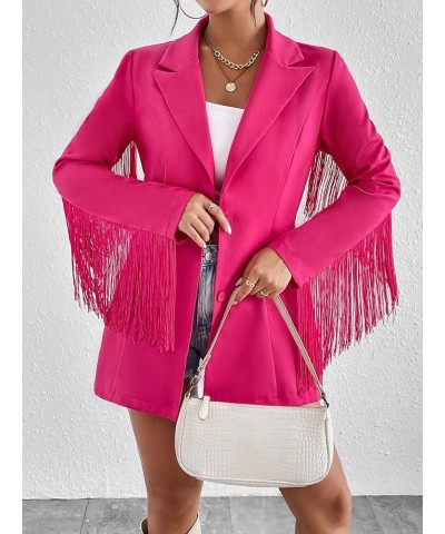 Women's Fringe Trim Button Front Long Sleeve Lapel Neck Party Blazer Hot Pink $27.92 Blazers