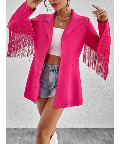 Women's Fringe Trim Button Front Long Sleeve Lapel Neck Party Blazer Hot Pink $27.92 Blazers