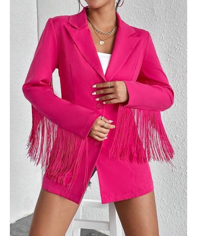 Women's Fringe Trim Button Front Long Sleeve Lapel Neck Party Blazer Hot Pink $27.92 Blazers