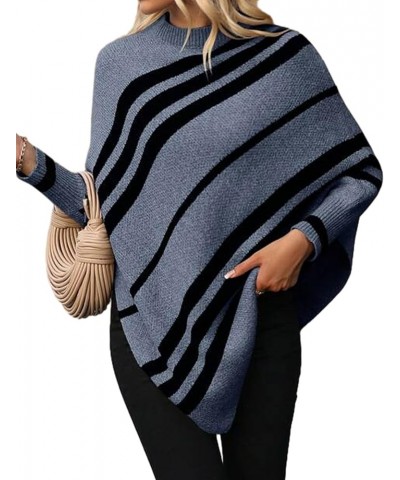 Women Oversized Striped Poncho Sweaters Mock Neck Batwing Long Sleeve Asymmetrical Hem Casual Knit Pullover Jumper Blue $17.4...