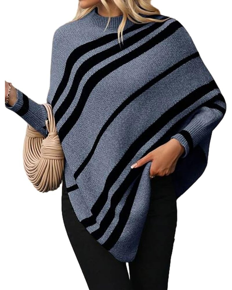 Women Oversized Striped Poncho Sweaters Mock Neck Batwing Long Sleeve Asymmetrical Hem Casual Knit Pullover Jumper Blue $17.4...