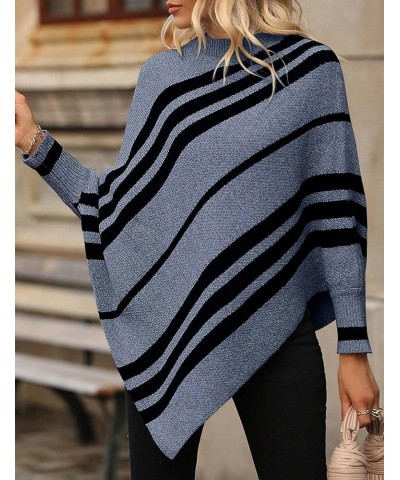 Women Oversized Striped Poncho Sweaters Mock Neck Batwing Long Sleeve Asymmetrical Hem Casual Knit Pullover Jumper Blue $17.4...