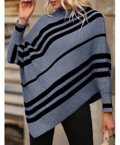 Women Oversized Striped Poncho Sweaters Mock Neck Batwing Long Sleeve Asymmetrical Hem Casual Knit Pullover Jumper Blue $17.4...