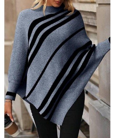 Women Oversized Striped Poncho Sweaters Mock Neck Batwing Long Sleeve Asymmetrical Hem Casual Knit Pullover Jumper Blue $17.4...