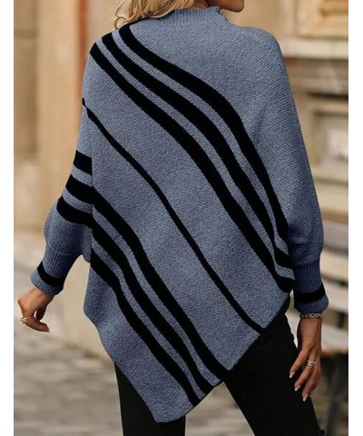 Women Oversized Striped Poncho Sweaters Mock Neck Batwing Long Sleeve Asymmetrical Hem Casual Knit Pullover Jumper Blue $17.4...