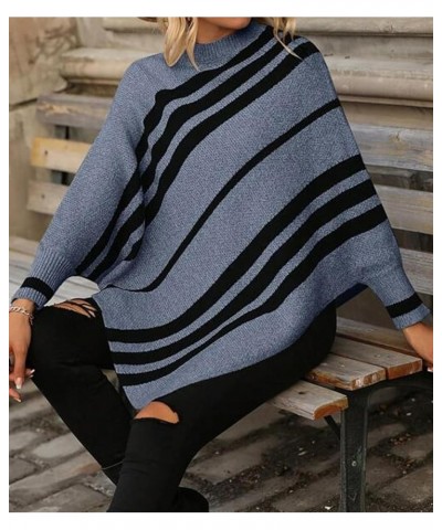 Women Oversized Striped Poncho Sweaters Mock Neck Batwing Long Sleeve Asymmetrical Hem Casual Knit Pullover Jumper Blue $17.4...