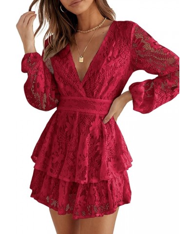 Jumpsuits for Women Fall 2024 Long Sleeve V Neck Tie Wasit Wrap Mini Dress Ruffle Hem Romper Dress Short Rompers Dark Red $21...