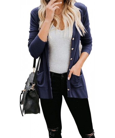 Women's Cardigans Button Down Solid Knit Loose Cardigans with Pockets Navy Blue $12.45 Sweaters