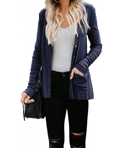 Women's Cardigans Button Down Solid Knit Loose Cardigans with Pockets Navy Blue $12.45 Sweaters