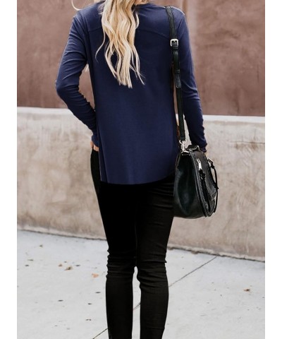 Women's Cardigans Button Down Solid Knit Loose Cardigans with Pockets Navy Blue $12.45 Sweaters