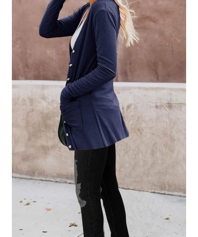 Women's Cardigans Button Down Solid Knit Loose Cardigans with Pockets Navy Blue $12.45 Sweaters