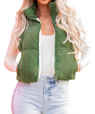 Women Corduroy Cropped Puffer Vest Winter Tops Coat Stand Collar Solid Color Sleeveless Jacket with Pockets Outwear Green $12...