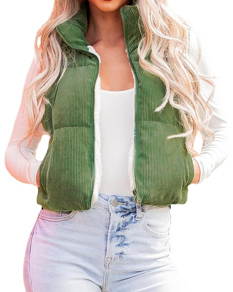 Women Corduroy Cropped Puffer Vest Winter Tops Coat Stand Collar Solid Color Sleeveless Jacket with Pockets Outwear Green $12...