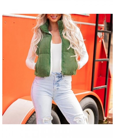 Women Corduroy Cropped Puffer Vest Winter Tops Coat Stand Collar Solid Color Sleeveless Jacket with Pockets Outwear Green $12...