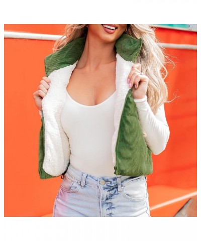 Women Corduroy Cropped Puffer Vest Winter Tops Coat Stand Collar Solid Color Sleeveless Jacket with Pockets Outwear Green $12...