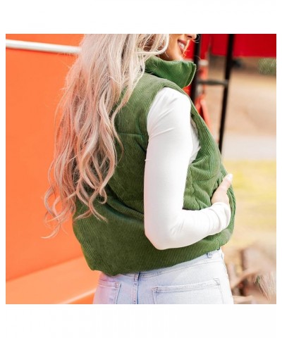 Women Corduroy Cropped Puffer Vest Winter Tops Coat Stand Collar Solid Color Sleeveless Jacket with Pockets Outwear Green $12...